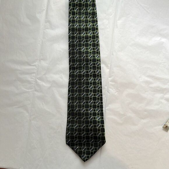 Banana Republic Men’s 100% Silk Neck Tie Made in USA Green Blue White Geometric - Picture 1 of 5